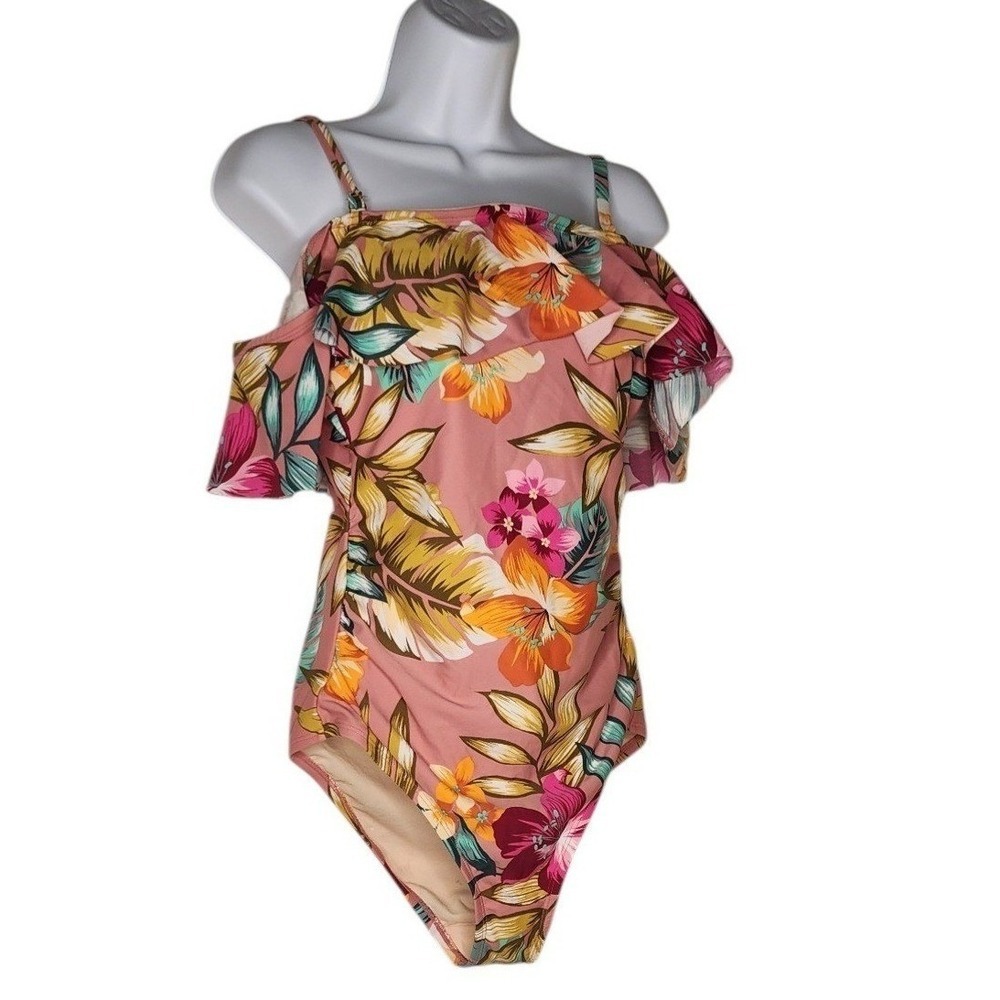 Kona Sol Women's Tropical Floral One Piece Swimsuit Size M Ruffle Off Shoulder